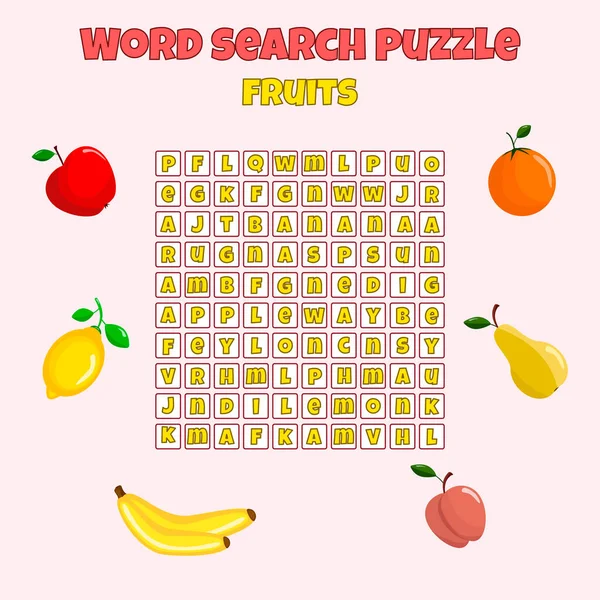 Crossword Fruits Vector Education Game Children Word Search Puzzle Mini — Stock Vector