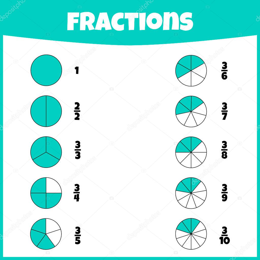 Fractions. Fraction mathematics. Circle segments set. Learning mathematics. Tasks for addition for preschool children.