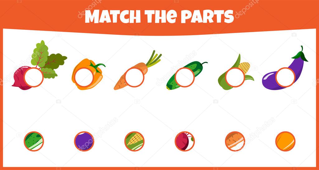 Educational game. Match the parts. Match parts of vegetables. Worksheet for education. Mini-game for children.