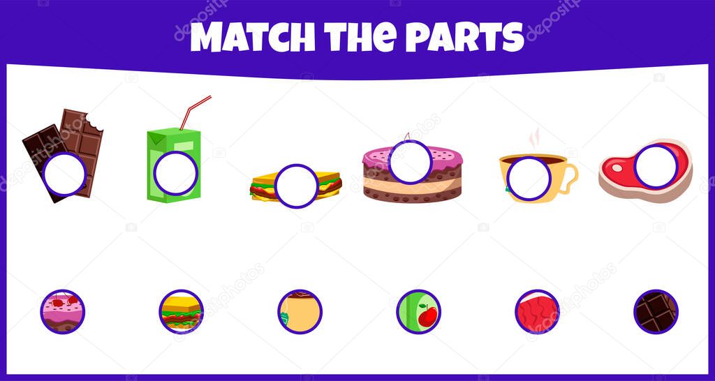 Educational game. Match the parts. Match parts of dishes. Worksheet for education. Mini-game for children.