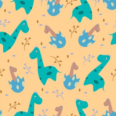 Dinozorlarla hoş, pürüzsüz bir şablon, mutlu dino. Dinozorların geçmişi. Dinozorlarla bebek deseni.