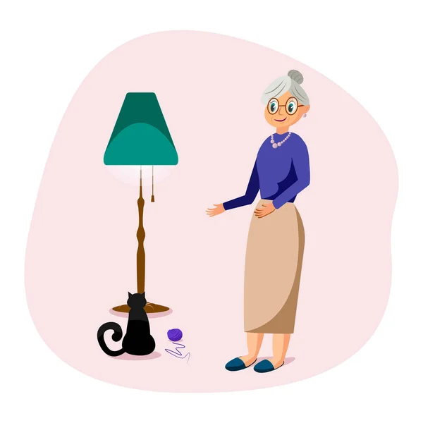 奶奶在家里 奶奶呆在家里 奶奶和猫在一起呆在家里要注意安全 — 图库矢量图片