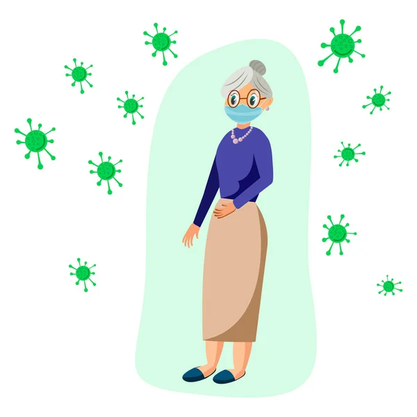 マスクの老婦人 家にいて 祖母は家にいて ウイルスからの保護 コロナウイルス防止コンセプト — ストックベクタ