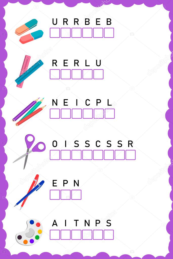 Put the letters in the correct order. Worksheet for education. Education logic game. Worksheet practice for preschool, elementary and middle school kids. Fun logic puzzle activity sheet.