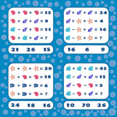 Matematik oyunları seti. Çocuklar için matematik öğretici bir oyun. Matematiksel sayım görevi. Çocuklar için resimlerle matematik oyunları ayarlandı. Eğitim çalışma tablosu.