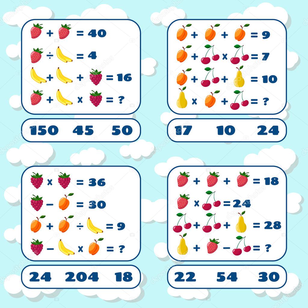 Set of mathematical games. Mathematics educational game for children. Mathematical count task. Math games set with pictures for children. Educational worksheet.