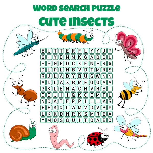 Puzzle Búsqueda Palabras Crucigrama Con Insectos Lindos Insectos Juego Educación — Vector de stock