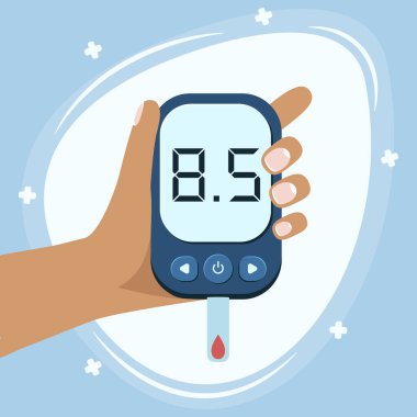 World Diabetes Day Awareness. World diabetes day banner with electronic glucometer and pricked finger ready to take control of glucose level. Vector illustration. clipart