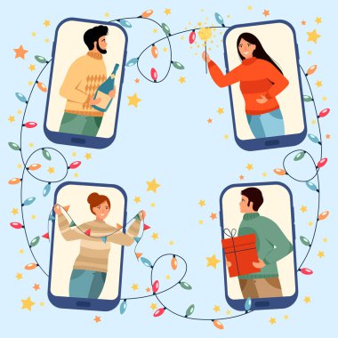 Friends celebrate Christmas and New Year online using mobile phones. Christmas new normal concept with man and woman. Party online, video call. Vector illustration. clipart