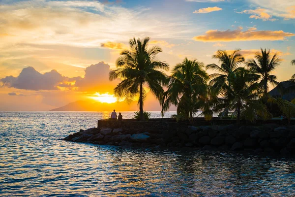 Palmiye Ağaçlarının Silueti Tahiti Gün Batımı — Stok fotoğraf