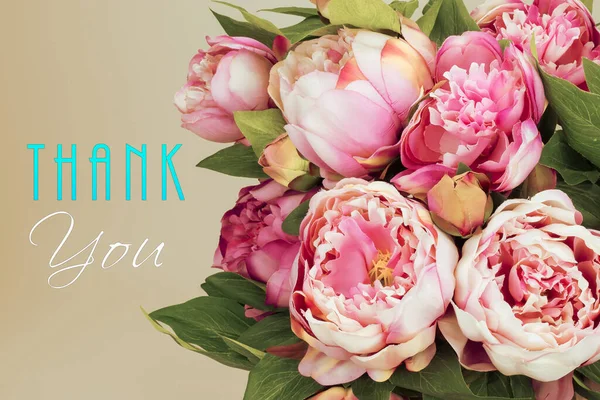 Thank you card with pink Peony flowers. Administrative professional day concept.