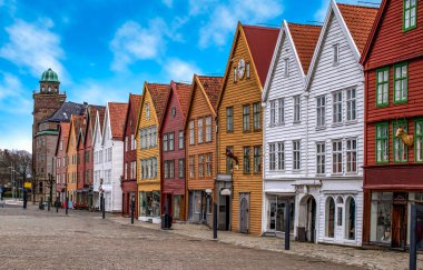 Bryggen, Bergen, Norveç. Bergen şehrinde Hanseatik mirası ticari ahşap binalar.