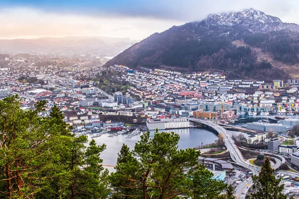 Bergen Mirador Del Centro Ciudad Desde Monte Floyen Final Temporada —  Fotos de Stock