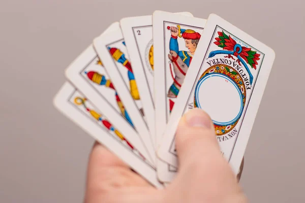 Hand Holding Several Italian Old Playing Cards Popular Game Mediterranean — Stock Photo, Image