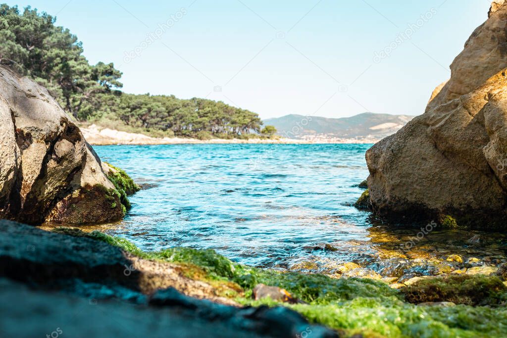 Tiny hidden beach surrounded by rocks on the shore of split, croatia. Green sea grass on the rocks. Sunlight illuminating the area with bright beautiful colors