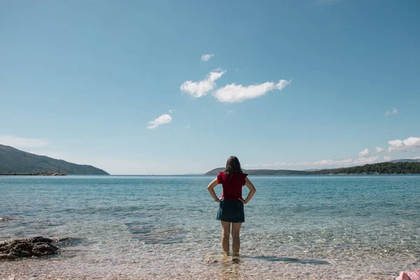 Woman Seen Entering Sea Clothed Standing Clear Beautiful Sea Island — Stock Photo, Image