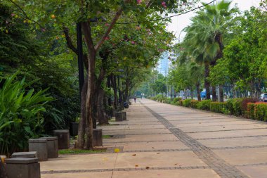 Geniş ve güzel kaldırımlı gölgeli ağaçlar yayaları Jakarta 'nın güneyindeki Merdeka caddesinde rahat ettirir.