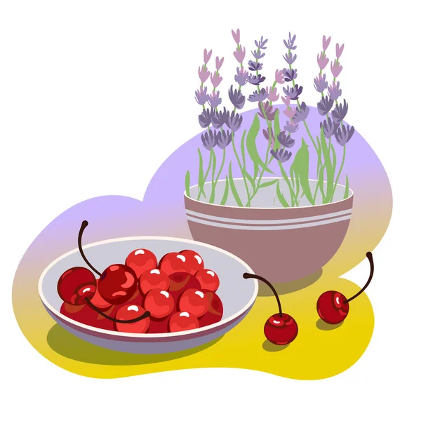 盘子和花盆上的樱桃 背景的矢量插图 — 图库矢量图片