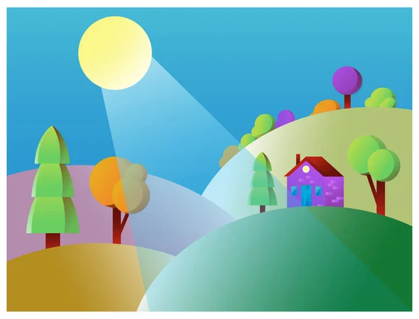 Paysage Rural Avec Bois Champs Maison Illustration Vectorielle Été — Image vectorielle