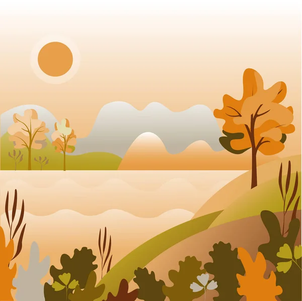 Autumn Landscape Vector Illustration Background Witch Mountains Fields Trees Sun — Stock Vector