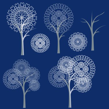   Kış ağaçlarının vektör illüstrasyonunu soyut olarak ayarla. izole. 