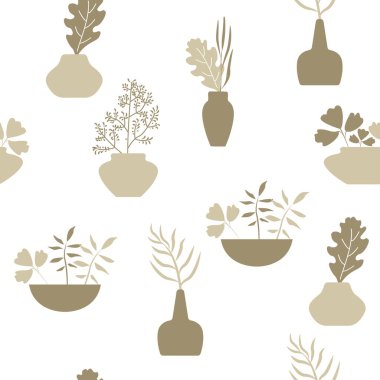   Cadı vazosu ve pastel renkli bitkiler. Duvar kağıdı, kart, arkaplan, tekstil için vektör çizimi