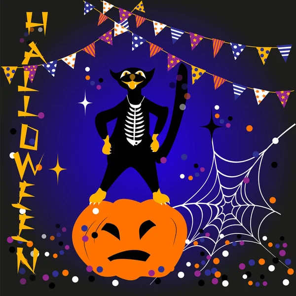 Schwarze Katze Halloween Hintergrund Bunt Für Einladungskarte Banner Werbekarte — Stockvektor