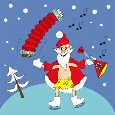    Neşeli Noel Baba müzik aleti çalıyor. Kart, pankart, arkaplan için vektör illüstrasyonu