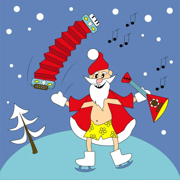    Neşeli Noel Baba müzik aleti çalıyor. Kart, pankart, arkaplan için vektör illüstrasyonu