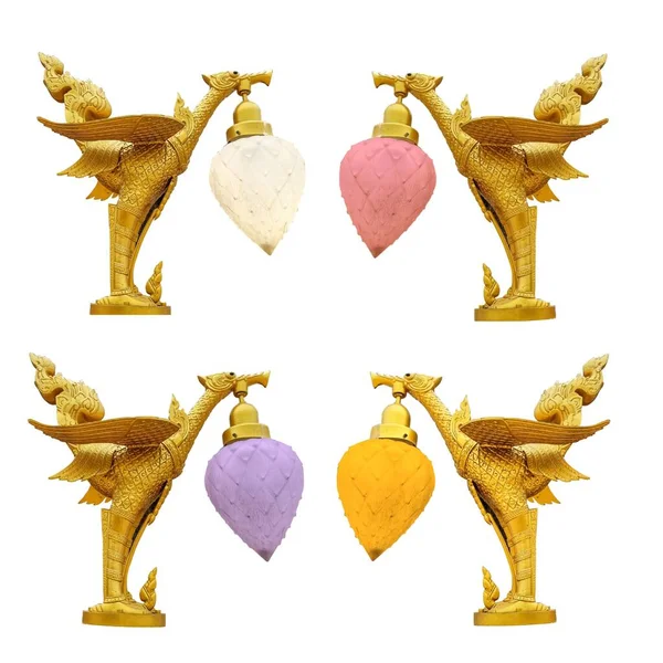 Four Golden Thai Bird Statue Colorful Lamp White Red Purple — Stock Photo, Image