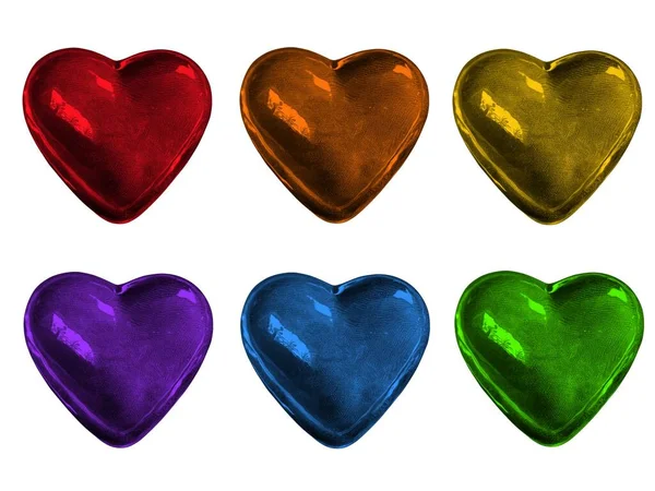 Six Color Glowing Hearts Isolated White Background Red Orange Yellow — Stock Photo, Image