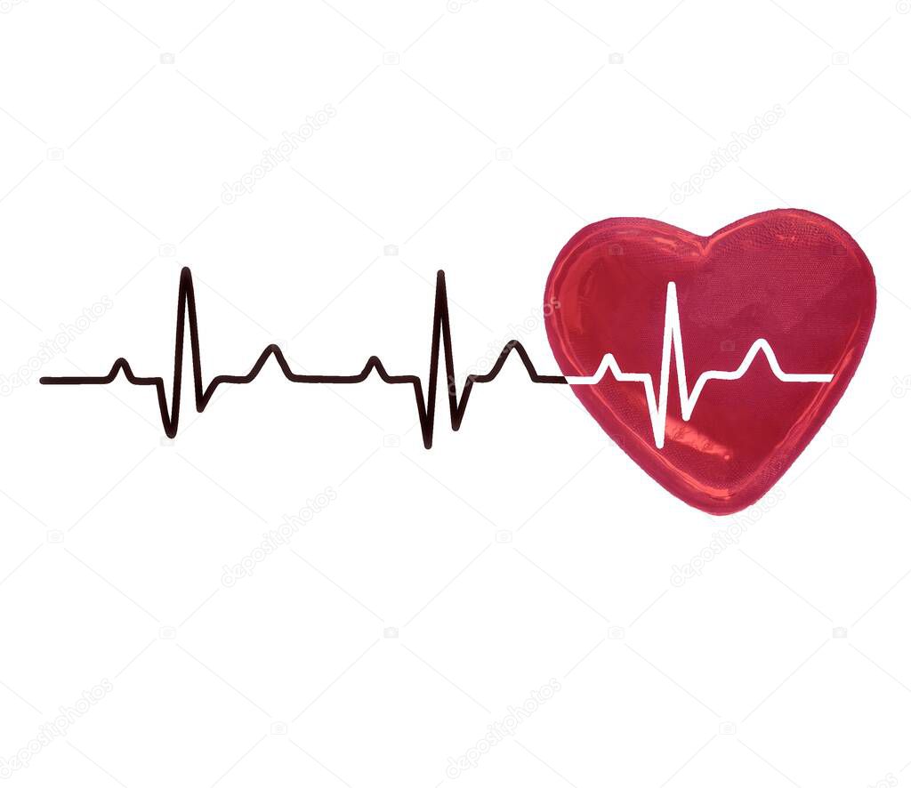 Isolated on white background of glowing red heart with black-white cardiogram line.