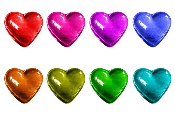 Different Color Glowing Crystal Candy Hearts Isolated White Background Red — Stock Photo, Image