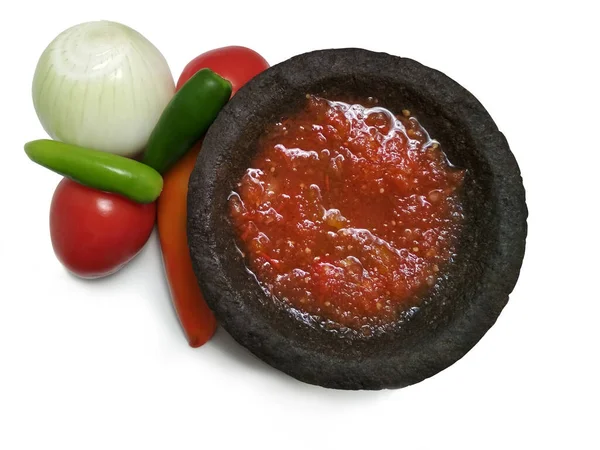 Μεξικάνικη Πικάντικη Σάλτσα Ντομάτας Και Συστατικά Molcajete — Φωτογραφία Αρχείου