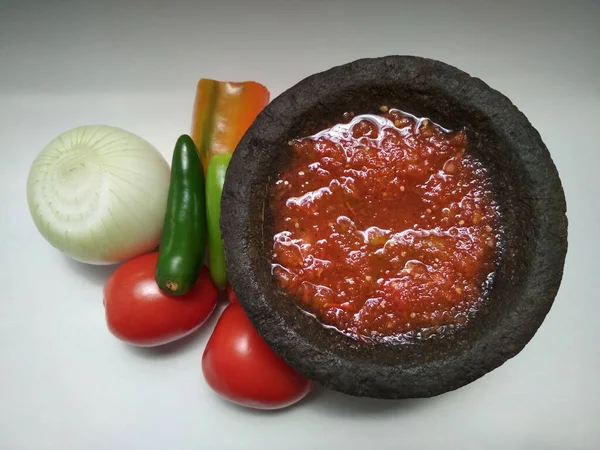 Sauce Tomate Maison Ingrédients Dans Molcajete — Photo