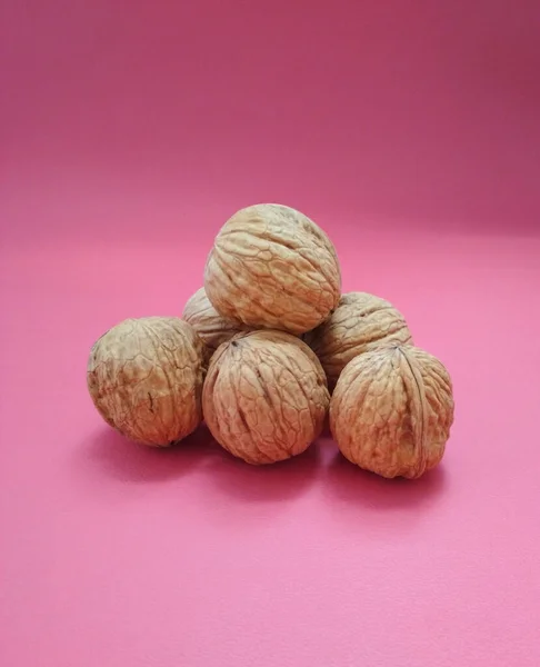 Walnuts Juglans Regia Pink Background Close — Stock Photo, Image