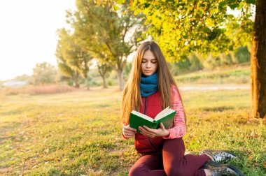 Genç bir kızın sonbaharın bir arka plan üzerine bir kitap okuma portre renk park. İnsanlar kavramı