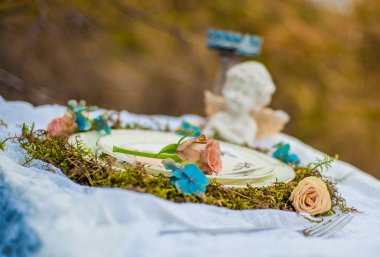 Festival tablo ayarı. Dekor düğün. Güzel Sanatlar tarzı sofra. Masa dekor. Catering düğün töreni, seçici ve yumuşak odak, serisi