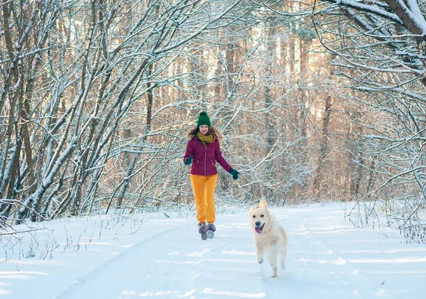 Πορτρέτο του μια νεαρή γυναίκα με σκύλο για το χειμώνα με τα πόδια. — Φωτογραφία Αρχείου