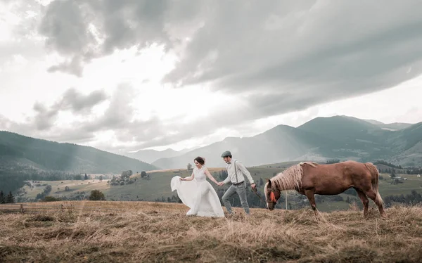 山で農村の結婚式 新婚夫婦は山の背景で馬で結婚式の服に身を包んだ 夕暮れの山並み 山の素晴らしい景色と美しいカップル — ストック写真