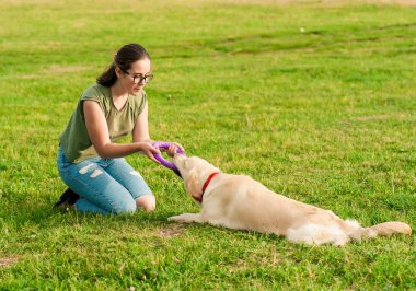 Bir köpek beyaz golden retriever parkta çim ile oynarken oldukça esmer kadın. Köpeğini yeşil çayır üzerinde kadınla köpek eğitim