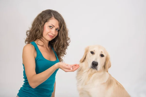 Jeune femme donne un morceau de viande à son chien — Photo