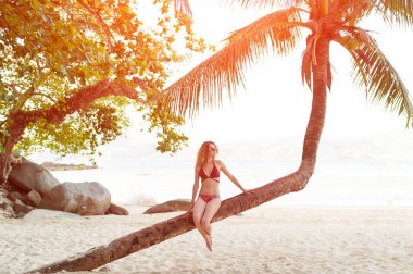 Model kız sahilde taze kokteyl ile poz güneş gözlüğü