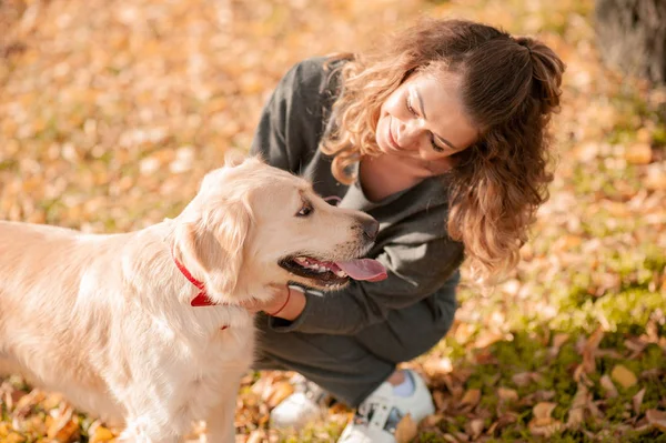 Zbliżenie kręcone kobieta siedzi z psem jesienią pozostawia na zewnątrz — Zdjęcie stockowe