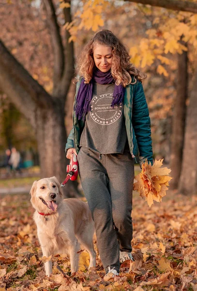 Genç bir kadın ile köpek üzerinde altın sonbahar portresi yürümek.