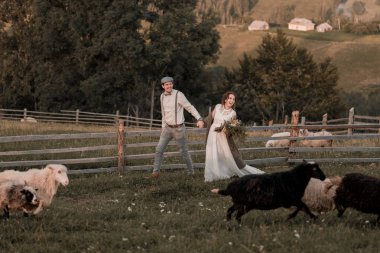 tepe tepelerde bir at ile bir çiftlikte gelin ve damat vintage düğün