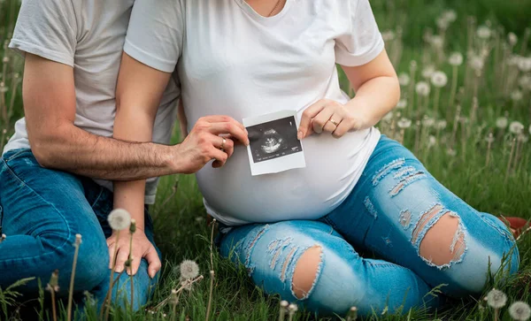 Portrait Schöne Schwangere Frau Und Ihr Schöner Mann Mit Einem — Stockfoto