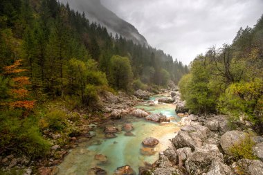 Slovenya Alplerinde Soca Nehri 'nin güzel sonbahar renkleri