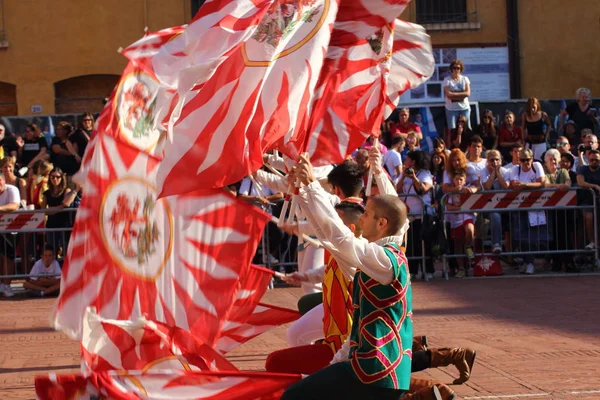 フェラーラ イタリア 2018 決闘黄金 歴史的にすべてのイタリアの旗手の中で全国大会 フラグ揺らぐ 樹齢数千年の歴史を持つ町の代表的な側面 — ストック写真