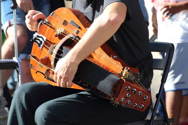 Musikeren Spiller Hurdy Gurdy Middelalderens Musikkinstrument – stockfoto